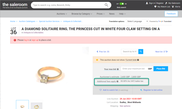 Lot description page showing total auction fees