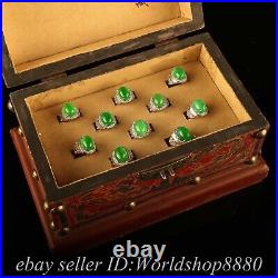 0.6 Old Chinese Silver Green Jade Gems Ornaments Jewelry Round Ring Box Set
