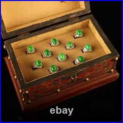 0.6 Old Chinese Silver Green Jade Gems Ornaments Jewelry Round Ring Box Set