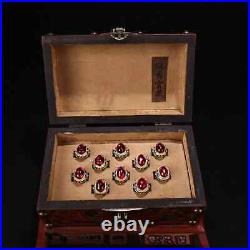 0.8 Old Chinese Silver Enamel Red Gems Ornaments Jewelry Round Ring Box Set