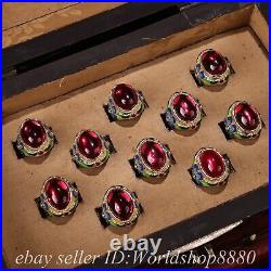 0.8 Old Chinese Silver Enamel Red Gems Ornaments Jewelry Round Ring Box Set