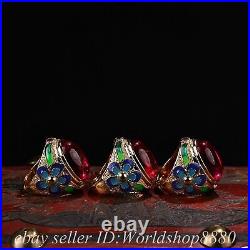 0.8 Old Chinese Silver Enamel Red Gems Ornaments Jewelry Round Ring Box Set