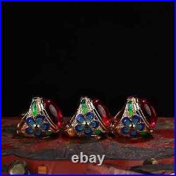 0.8 Old Chinese Silver Enamel Red Gems Ornaments Jewelry Round Ring Box Set