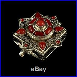 1.65 Nepal Tibetan Buddhism Pure Silver Inlay Ruby Gau Box Amulet Pendant