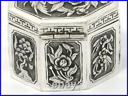 1 7/8 in Sterling Silver Antique Chinese Roses and Bird Octagonal Box