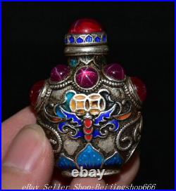 1.8 Old Chinese Silver enamel Red Starlight stone Bat Snuff box Snuff Bottle