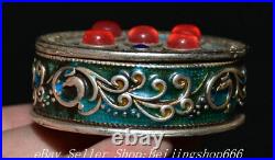 1 Marked Old Chinese Silver enamel Red Blue Gem Dynasty Round Jewelry Box