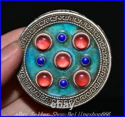 1 Marked Old Chinese Silver enamel Red Blue Gem Dynasty Round Jewelry Box