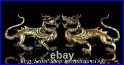 10.8 Old Chinese Bronze 24K Gold Gilt Silver Pi Xiu Dragon Statue Pair