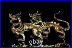 10.8 Old Chinese Bronze 24K Gold Gilt Silver Pi Xiu Dragon Statue Pair