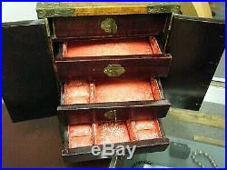 11 Vintage China Chest Jewelry Box Wood Brass Silk and Floral Silver Enamel