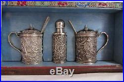 11 pc Condiment Set. Chinese Export Silver by Wang Hing in Original Fitted Box