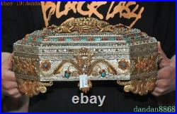11Chinese silver Filigree bronze Gilt Inlay turquoise gem storage Jewelry Box