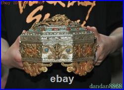 11Chinese silver Filigree bronze Gilt Inlay turquoise gem storage Jewelry Box