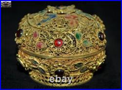 188 g silver Filigree 24k gold Inlay gem flower Chinese queen jewelry Box Boxes