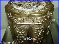1890 FINE Chinese STERLING SILVER BOX Tea Caddy PANELS Canister MOP Canton 239gr
