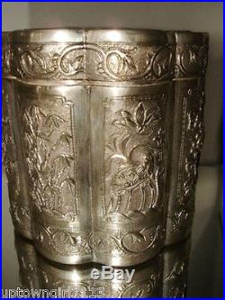 1890 FINE Chinese STERLING SILVER BOX Tea Caddy PANELS Canister MOP Canton SIGNE