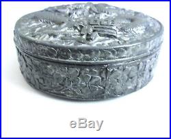 18th CENTURY ANTIQUE CHINESE TEA BOX PEWTER/SILVER CARVED DRAGONS 3.5 in WIDE