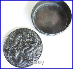 18th CENTURY ANTIQUE CHINESE TEA BOX PEWTER/SILVER CARVED DRAGONS 3.5 in WIDE