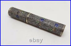 18thC Chinese Export Silver Scrollwork Etui Needlecase Enamel Flowers