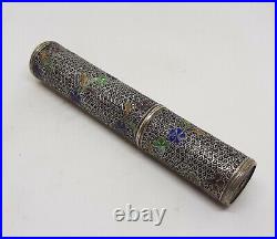 18thC Chinese Export Silver Scrollwork Etui Needlecase Enamel Flowers