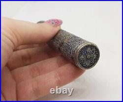 18thC Chinese Export Silver Scrollwork Etui Needlecase Enamel Flowers