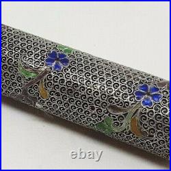 18thC Chinese Export Silver Scrollwork Etui Needlecase Enamel Flowers