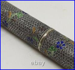 18thC Chinese Export Silver Scrollwork Etui Needlecase Enamel Flowers