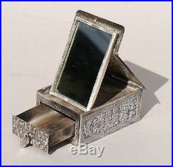 1900 CHINESE / Tibetan Solid Silver Make-Up Box w Mirror & drawer COMPACT
