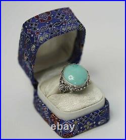 1900' China Chinese Export Silver Filigree Turquoise Cabochon Ladies Ring withBox