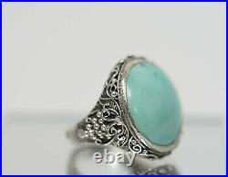 1900' China Chinese Export Silver Filigree Turquoise Cabochon Ladies Ring withBox