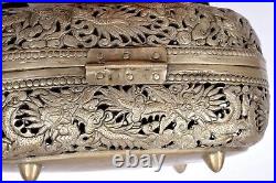 1900's Chinese Export Nyonya Straits Peranakan Solid Silver Dragon Box