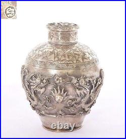 1900's Chinese Export Solid Silver Repousse Tea Caddy Box Twin Dragon Clouds Mk