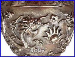 1900's Chinese Export Solid Silver Repousse Tea Caddy Box Twin Dragon Clouds Mk