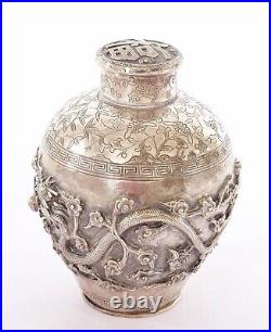 1900's Chinese Export Solid Silver Repousse Tea Caddy Box Twin Dragon Clouds Mk