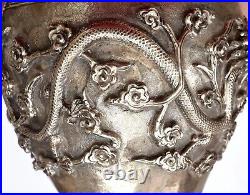 1900's Chinese Export Solid Silver Repousse Tea Caddy Box Twin Dragon Clouds Mk