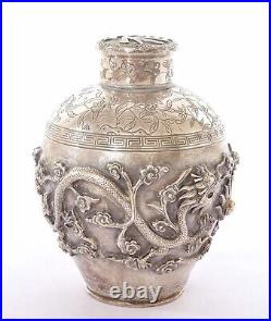 1900's Chinese Export Solid Silver Repousse Tea Caddy Box Twin Dragon Clouds Mk