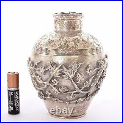 1900's Chinese Export Solid Silver Repousse Tea Caddy Box Twin Dragon Clouds Mk