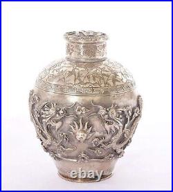 1900's Chinese Export Solid Silver Repousse Tea Caddy Box Twin Dragon Clouds Mk