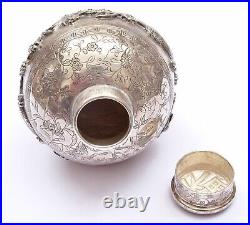 1900's Chinese Export Solid Silver Repousse Tea Caddy Box Twin Dragon Clouds Mk