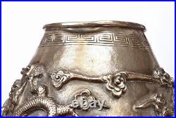 1900's Chinese Export Solid Silver Repousse Tea Caddy Box Twin Dragon Clouds Mk