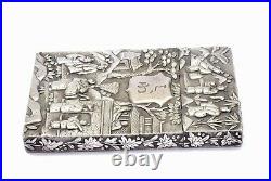 1900's Chinese Solid Silver Card Case Box Figure Figurine Bamboo Bird Marked