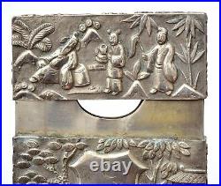 1900's Chinese Solid Silver Card Case Box Figure Figurine Bamboo Bird Marked