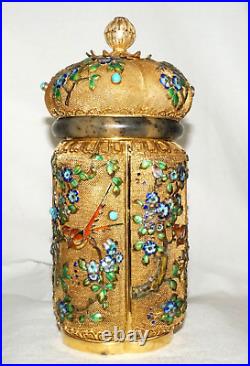 1900s Chinese Export Goldwashed Silver Filigree & Enamel Canister w Bangle (EWD)