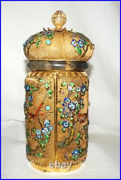 1900s Chinese Export Goldwashed Silver Filigree & Enamel Canister w Bangle (EWD)