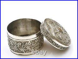 1910's Chinese Solid Silver Repousse Round Box Dragon & Plum Blossom