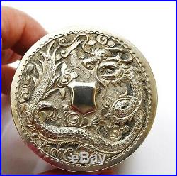 1910's Chinese Sterling Silver Repousse Round Box Dragon & Plum Blossom
