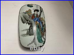 1910s Antique Chinese Silver Plated Porcelain Shard Top Hand Painted Geisha