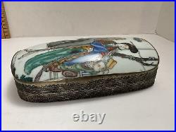 1910s Antique Chinese Silver Plated Porcelain Shard Top Hand Painted Geisha