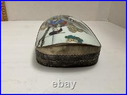 1910s Antique Chinese Silver Plated Porcelain Shard Top Hand Painted Geisha